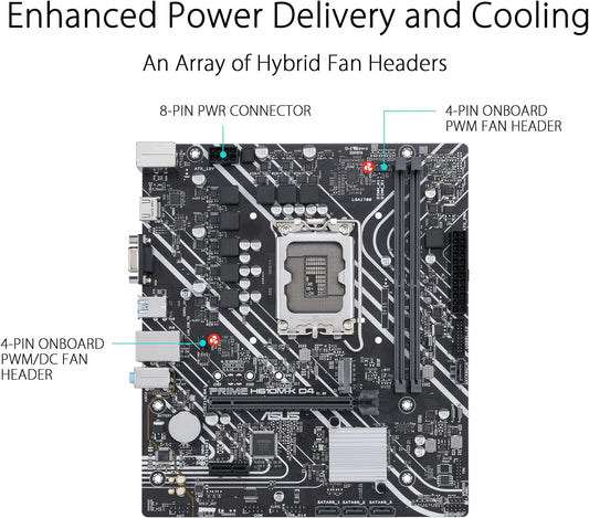 Asus Prime H610M-K D4 Mic ATX Motherboard, DDR4 Support, LGA 1700, PCIe 4.0, M.2 Slot, Realtek 1Gb Ethernet, HDMI, D-Sub, USB 3.2 Gen, SATA 6 Gbps, COM/RGB Header, 5X Protection III.