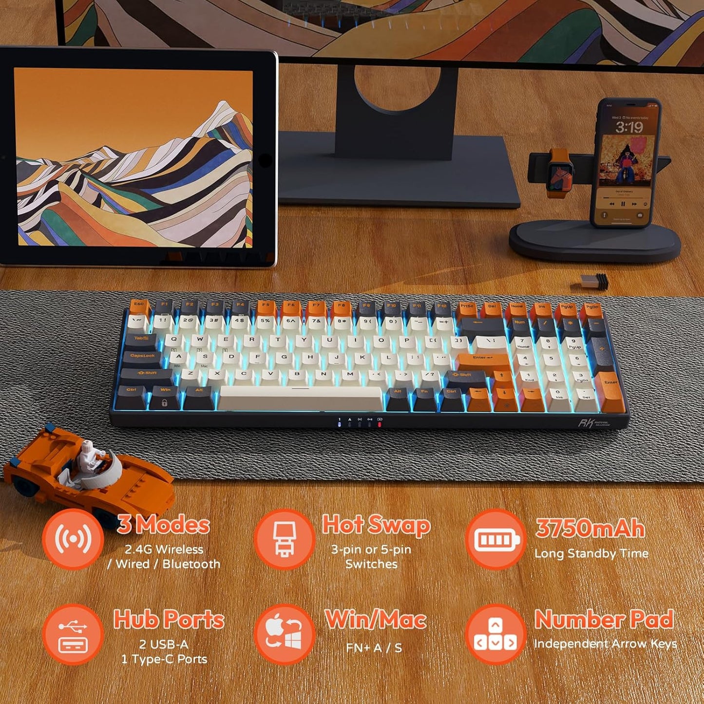 RK ROYAL KLUDGE RK100 Wireless Mechanical Keyboard RGB Backlit Bluetooth5.1/2.4G/Wired 96% Full Size 100-Key Hot Swappable Gaming Keyboard Blue Switch Carbon