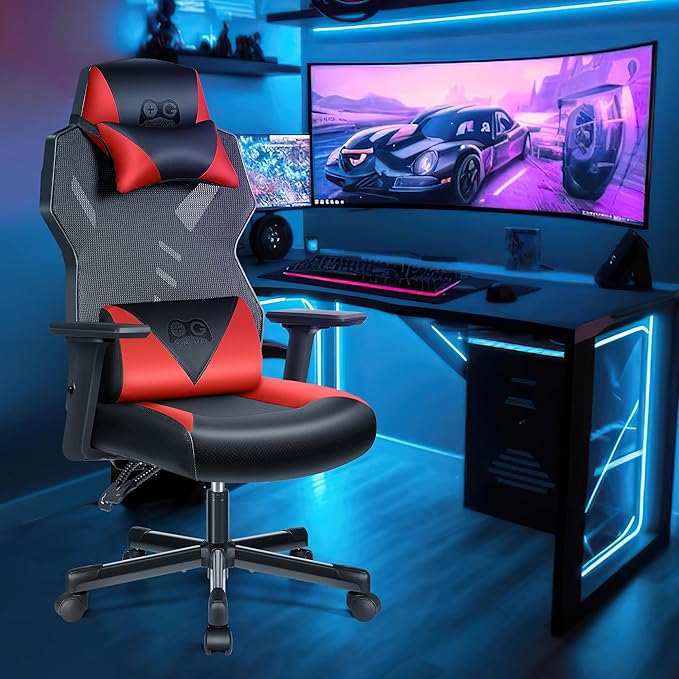 OneGame Video Gaming Chair, Breathable Computer Racing Style Swivel Chair, Adjustable Backrest, Ergonomic Gamer Desk Chair with Lumbar Support, Black Red