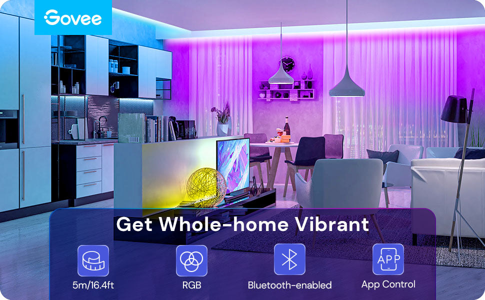 GOVEE 32.8FT COLOR CHANGING LED STRIP LIGHTS, BLUETOOTH LED LIGHTS - H6139