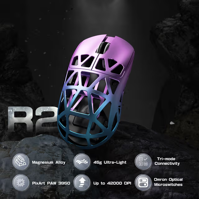 ATTACK SHARK R2 Magnesium Alloy Wireless Gaming Mouse, 45g Superlight, 8K Polling, (Not Include the Charging Dock), PAW3950 Flagship Sensor, & 42,000 DPI, Iridescent, Purple & Blue