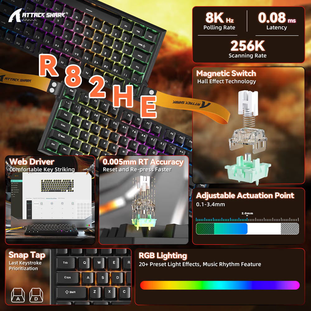 ATTACK SHARK R82 HE Magnetic Switch Gaming Keyboard, 75% Wired, 8KHz Polling, 0.005mm Rapid Trigger Accuracy, & Snap Tap Support, Black