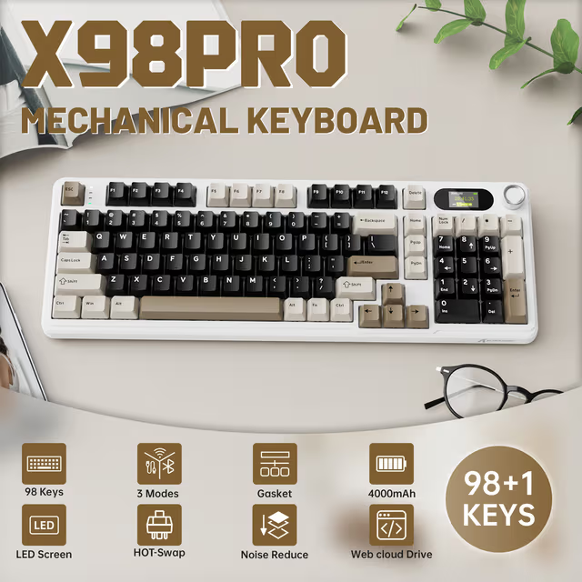 ATTACK SHARK X98 PRO Wireless Gaming Keyboard, 99-Key Gasket Mount, Tri-Mode LED Color Display, & 5-Layer Muffler Tech, Cheese White