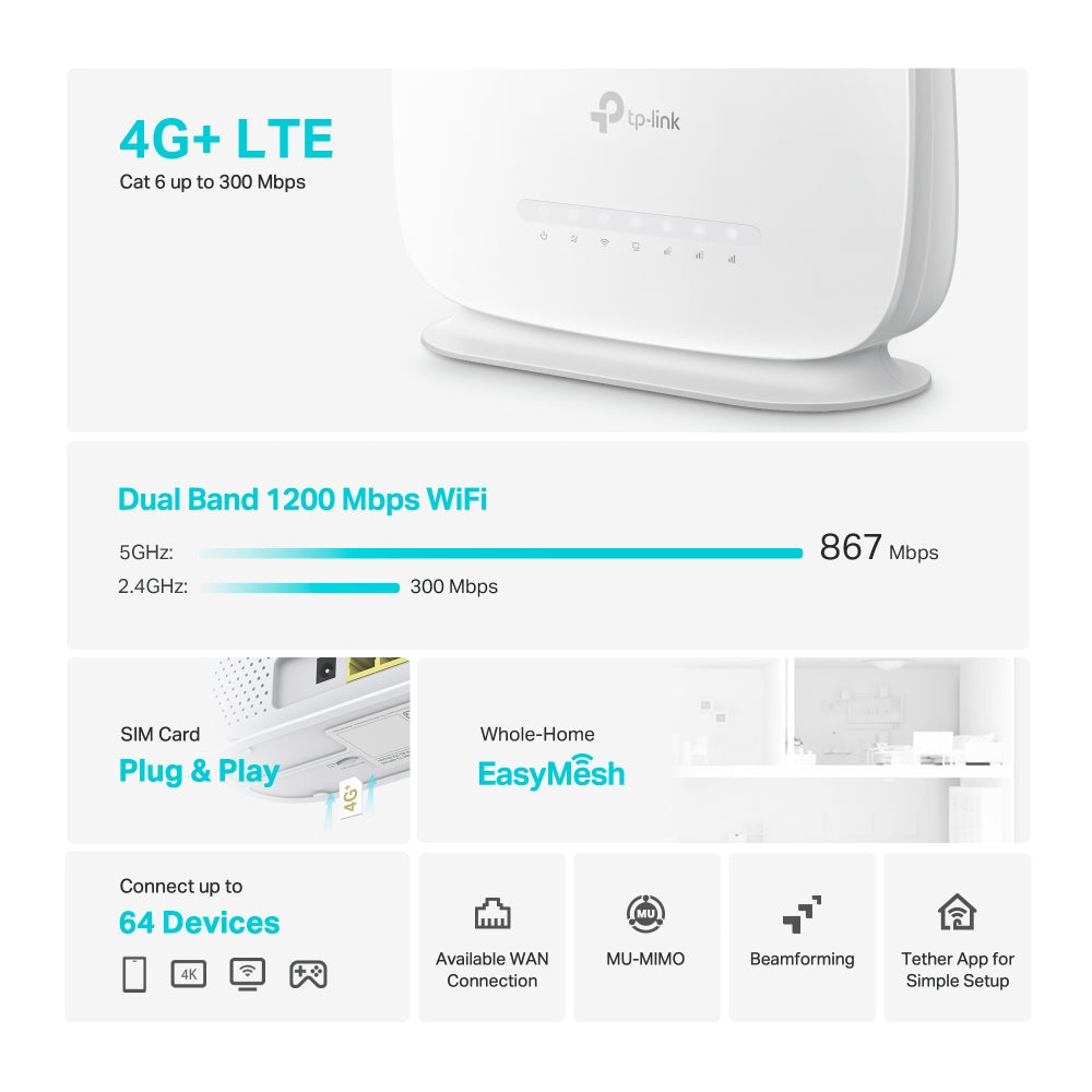 Tp-Link Archer Mr505 4G+ Cat6 AC1200 Wireless Dual Band Gigabit Router