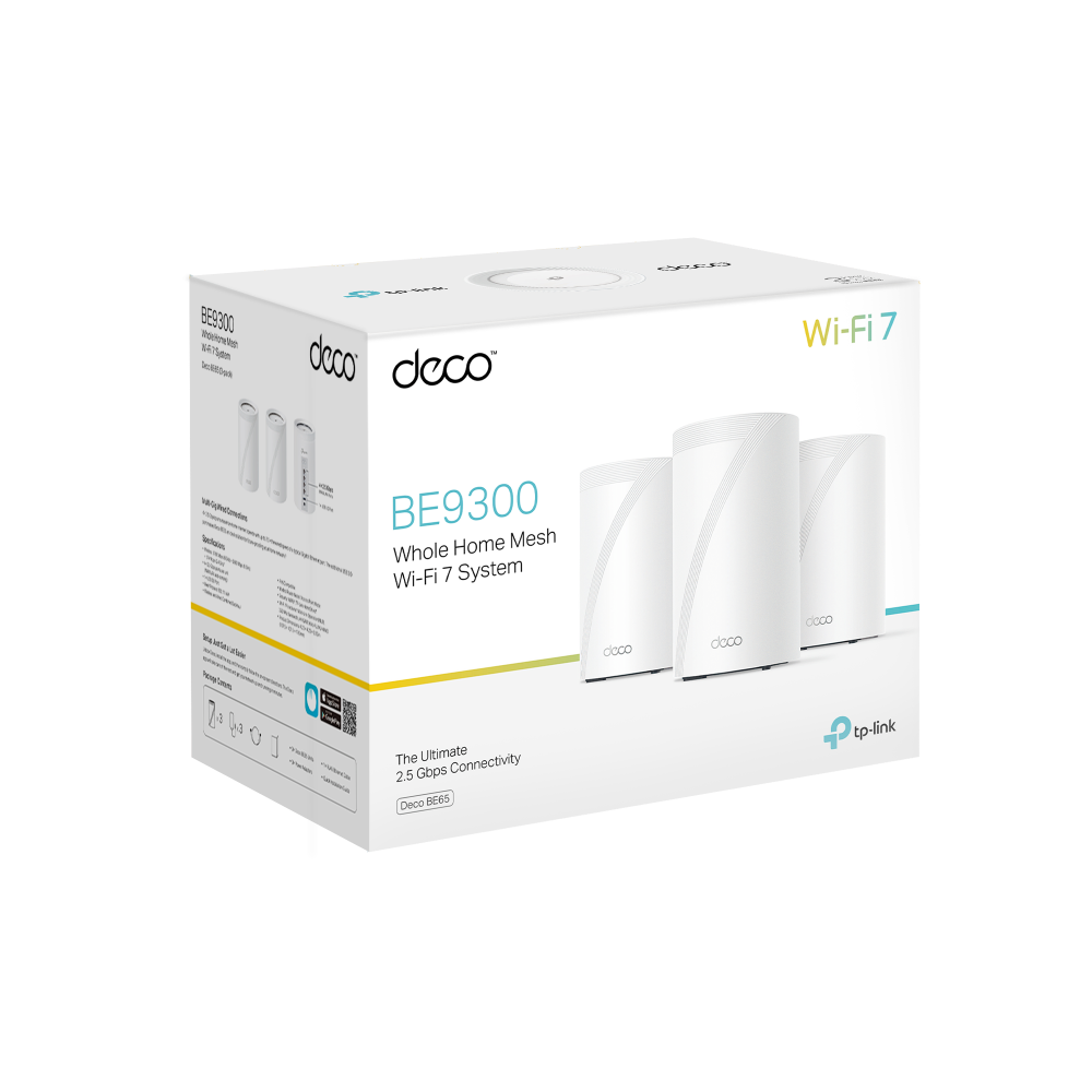 TP-LINK Deco BE65 Whole Home Mesh Wi-Fi 7 System, Dual Band, Speed up to 9.3 Gbps, 3 Pack, White