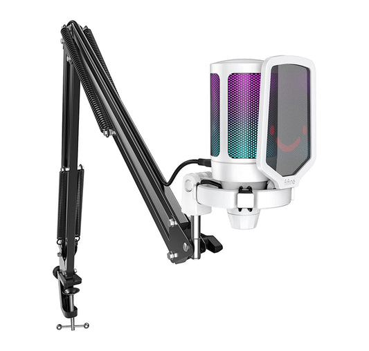 FIFINE STREAMING GAMING USB MICROPHONE KIT, PC CONDENSER RGB MIC ON PS4/PS5, PLUG AND PLAY FOR MUSIC RECORDING, ONLINE GAME, DISCORD, TWITCH, WITH POP FILTER, SHOCK MOUNT-A6T WHITE