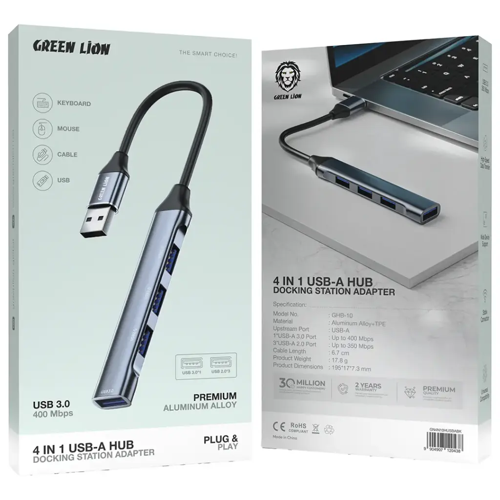 Green Lion 4-in-1 USB-A & USB-C Hub - Docking Station Adapter - Black, GN4N11HUSBCBK