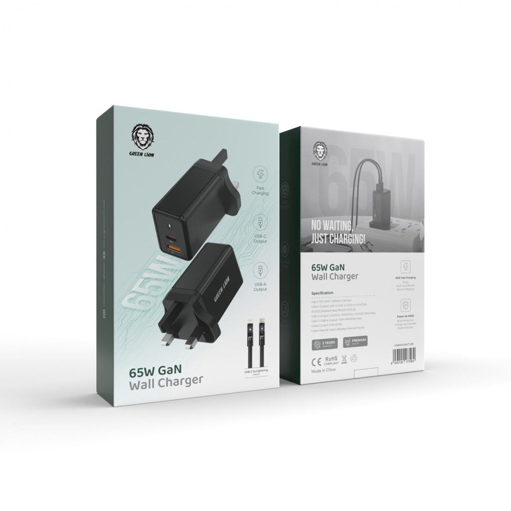Green Lion 65W Gan Wall Charger with C to L Cable - Black, GN65WGANCTLBK