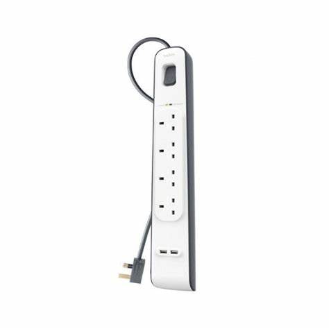 Belkin 4 Way/4 Plug Surge Protection Strip With 2 Meters Cord Length - Heavy Duty Electrical Extension Socket With 2 X 2.4 A Shared USb Ports