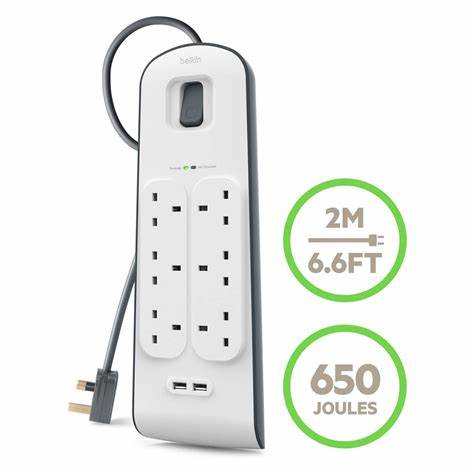 Belkin 6 Way 2 Meter Surge Protection Strip with x 2.4 Ampere USB Charging