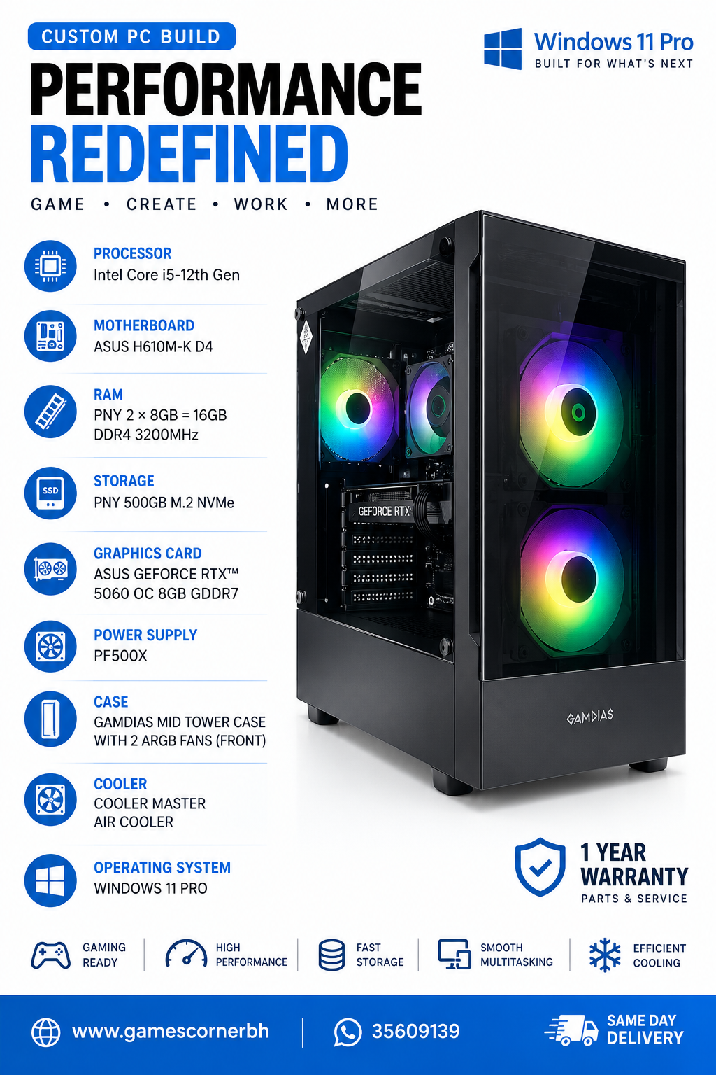 Ready-Built Gaming PC – Intel Core i5 12th Gen + RTX 5060 8GB