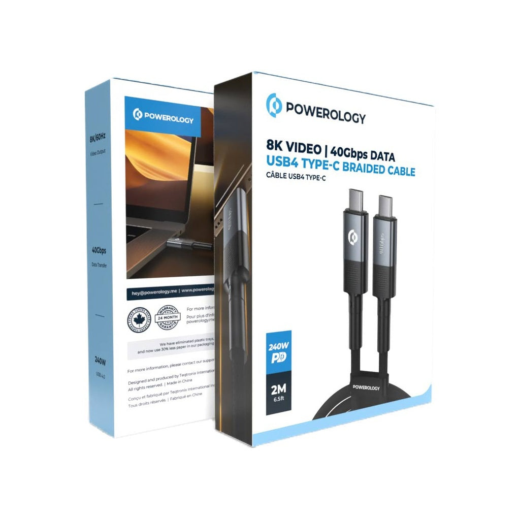 Powerology Braided 240W USB 4.0 Type-C to Type-C Fast Charging Cable 2M - Grey, PCAB009-GY