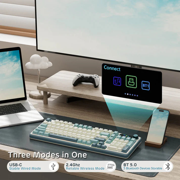 RK Royal KLUDGE S98 Mechanical Keyboard with Smart Display & Knob, Top Mount 96% Wireless Mechanical Keyboard BT ,2.4G ,USB-C, Hot Swappable, Software Support, Massive Battery, 98 Keys-Sky Blue