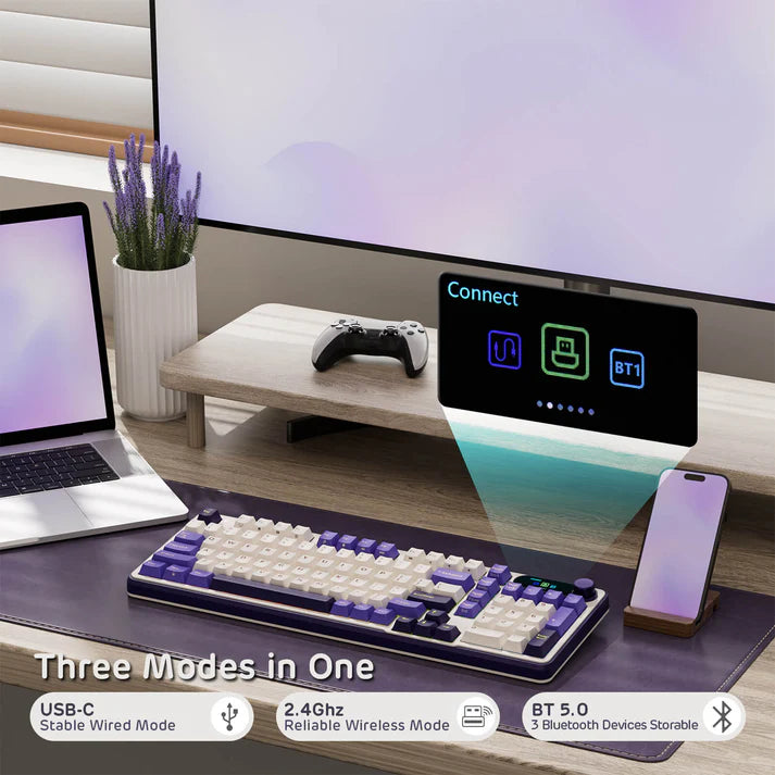 RK Royal KLUDGE S98 Mechanical Keyboard with Smart Display & Knob, Top Mount 96% Wireless Mechanical Keyboard BT ,2.4G ,USB-C, Hot Swappable, Software Support, Massive Battery, 98 Keys-Lavender Purple