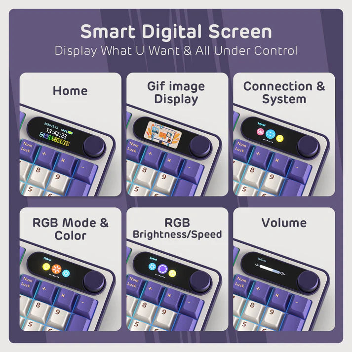 RK Royal KLUDGE S98 Mechanical Keyboard with Smart Display & Knob, Top Mount 96% Wireless Mechanical Keyboard BT ,2.4G ,USB-C, Hot Swappable, Software Support, Massive Battery, 98 Keys-Lavender Purple