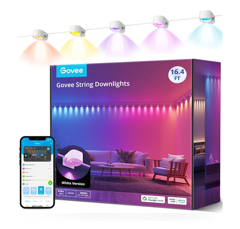 Govee rgbic string downlights, smart led string lights works with alexa, 16.4ft/5m with 25 leds, music sync, white - h608a