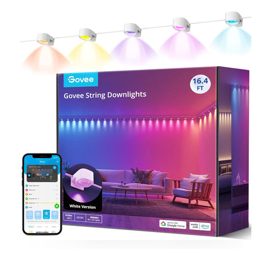 Govee rgbic string downlights, smart led string lights works with alexa,  16.4ft/5m with 25 leds, music sync, white - h608a