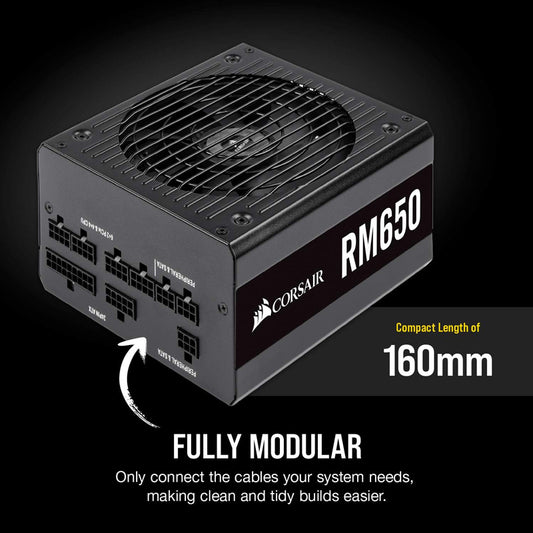 Corsair RM650, RM Series, 650 Watt 80 Plus Gold Fully Modular ATX Power Supply (Dual EPS12V Connectors, Low-Noise Operation, Zero RPM Fan Mode, 105°C Capacitors, Modern Standby) Black