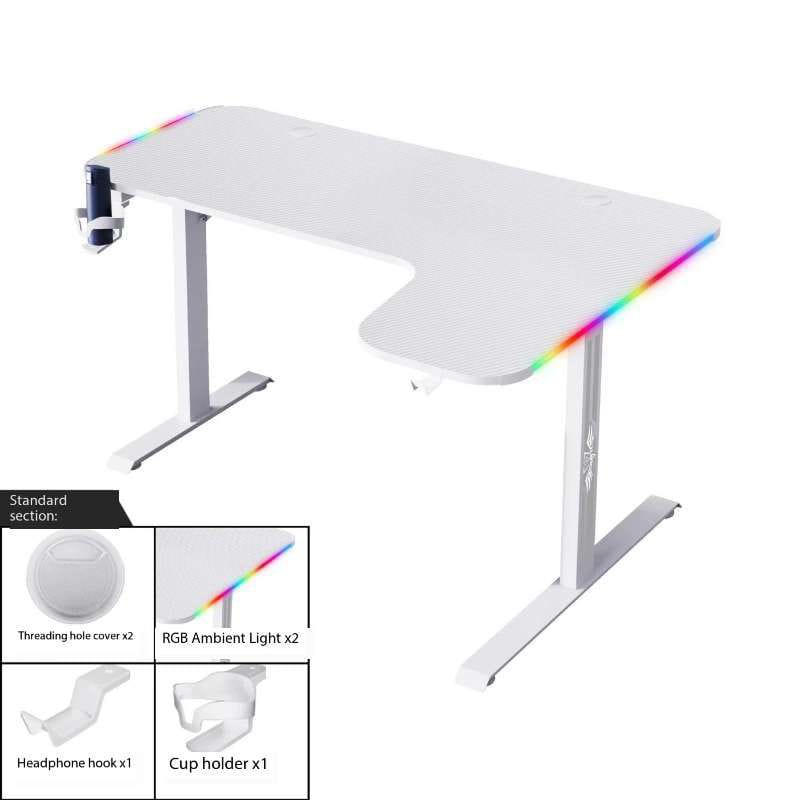 L-Shaped Carbon Fiber Gaming Computer Desk with RGB LED Lighting, Cup Holder, and Headphone Hook (White), GAMLS160-RIGHT