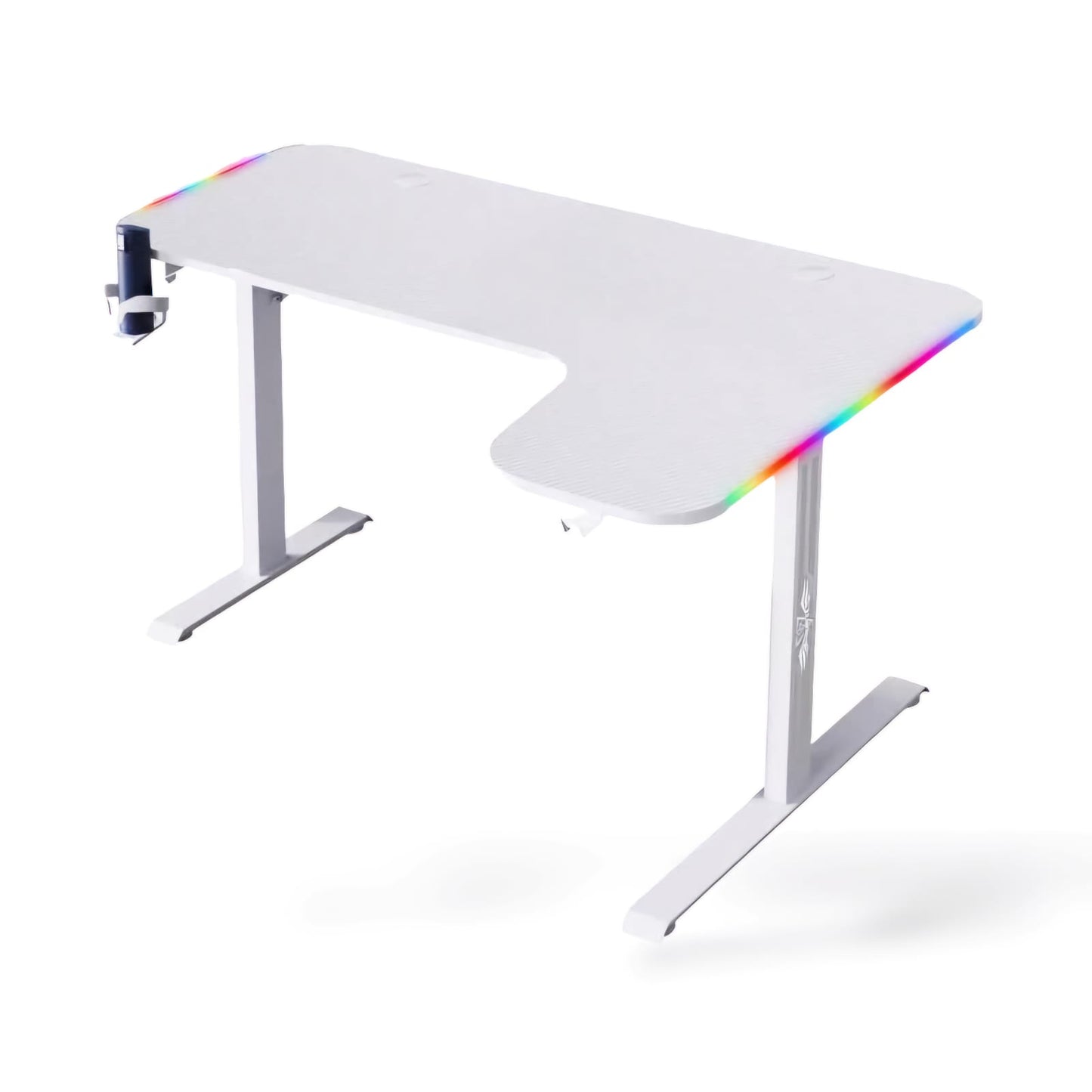 L-Shaped Carbon Fiber Gaming Computer Desk with RGB LED Lighting, Cup Holder, and Headphone Hook (White), GAMLS160-RIGHT