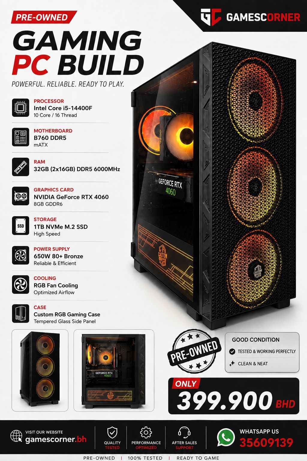 Pc Bulid Ready To Build RTX 4060 8GB,Intel i5-14th Gen,GC-P256 (pre owned )