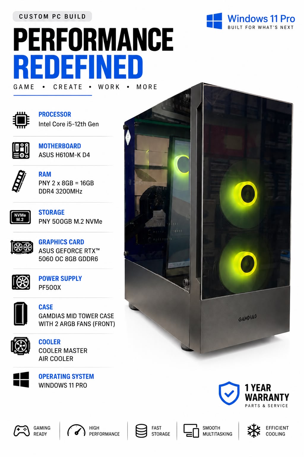 Ready-Built Gaming PC – Intel Core i5 12th Gen + RTX 5060 8GB