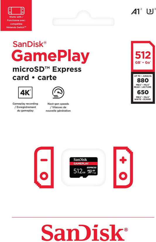 SanDisk GamePLAY 512GB microSD Express Card for Nintendo Switch 2 | 880MB/s Read, 650MB/s Write | SDSQXFN-512G-AW6GN
