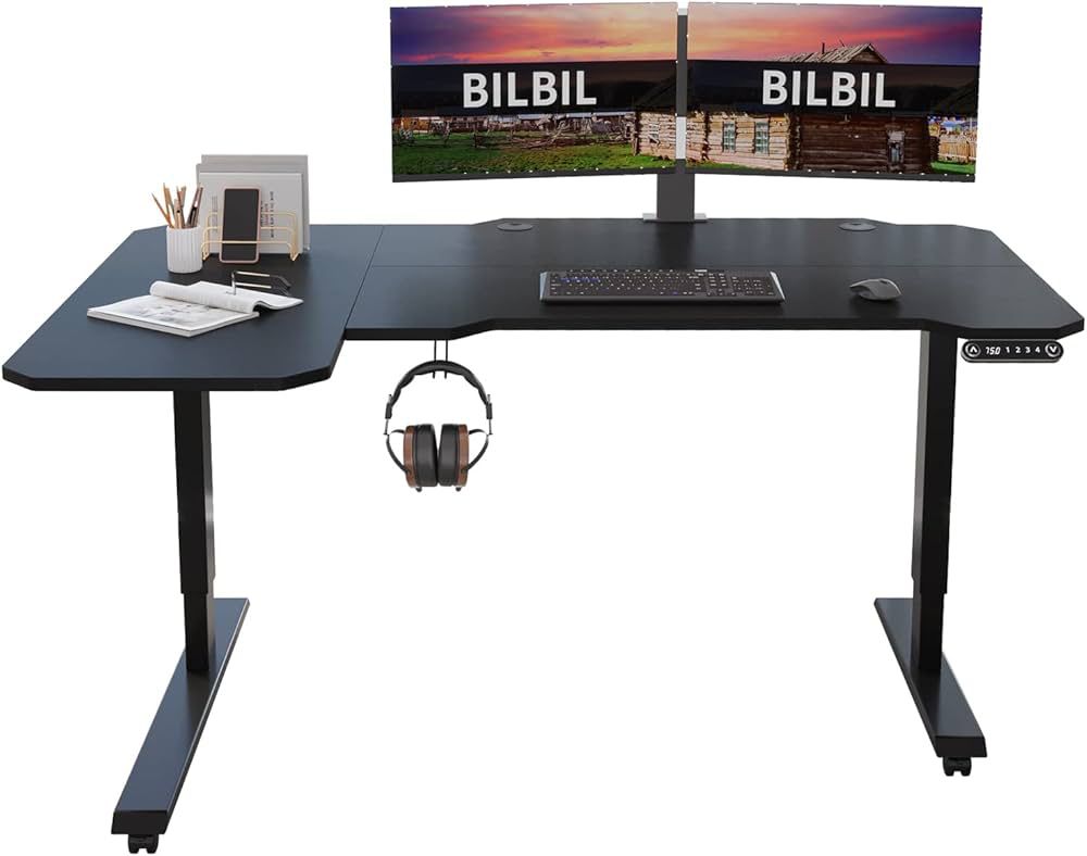 XOVO Height Adjustable L-Shaped Gaming Desk – Motorized, Carbon Fiber Surface, RGB LED Lighting, Cup Holder & Headphone Hook – Black Left