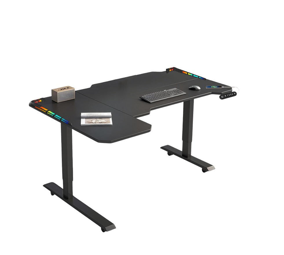 XOVO Height Adjustable L-Shaped Gaming Desk – Motorized, Carbon Fiber Surface, RGB LED Lighting, Cup Holder & Headphone Hook – Black Left