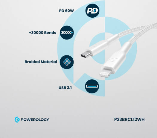 Powerology New Braided Type-C to Lightning Cable,1.2M Length,PD 60W,30000+Bends,Fast Charging,P23BRCL12WH