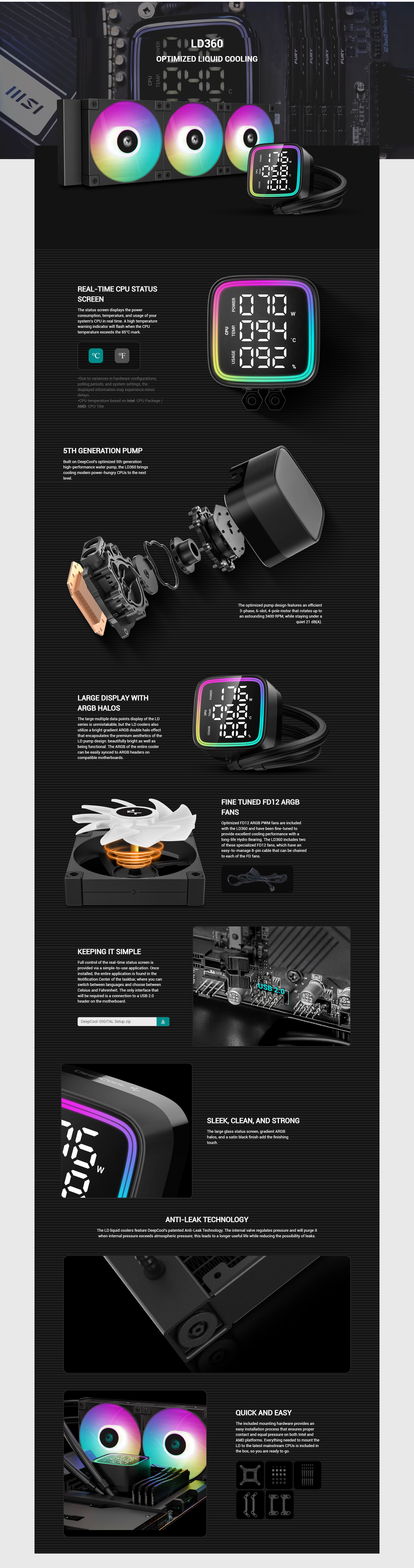 Deepcool LD360 Digital Optimized 360mm Liquid Cpu Cooler With Multiline LED Digital Display, Real-Time Cpu Status, 3x 120mm FD12 ARGB Fans, 2400 Rpm Fan Speed, 72.04 Cfm Airflow, Black | R-LD360-BKDMMN-G-1-GC