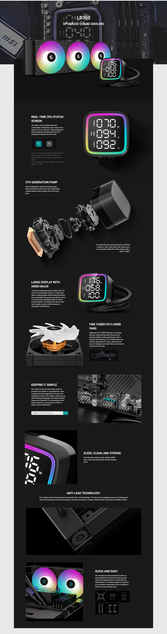 Deepcool LD360 Digital Optimized 360mm Liquid Cpu Cooler With Multiline LED Digital Display, Real-Time Cpu Status, 3x 120mm FD12 ARGB Fans, 2400 Rpm Fan Speed, 72.04 Cfm Airflow, Black | R-LD360-BKDMMN-G-1-GC