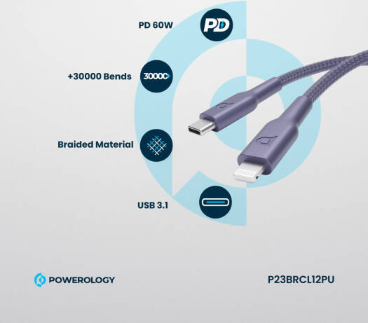 Powerology New Braided Type-C to Lightning Cable, 1.2M Length, PD 60W, 30000+ Bends, Fast Charging,P23BRCL12PU