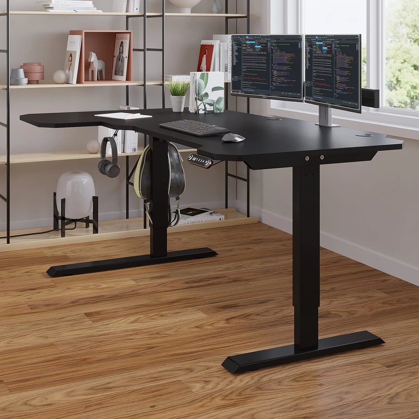 XOVO Height Adjustable L-Shaped Gaming Desk – Motorized, Carbon Fiber Surface, RGB LED Lighting, Cup Holder & Headphone Hook – Black Left