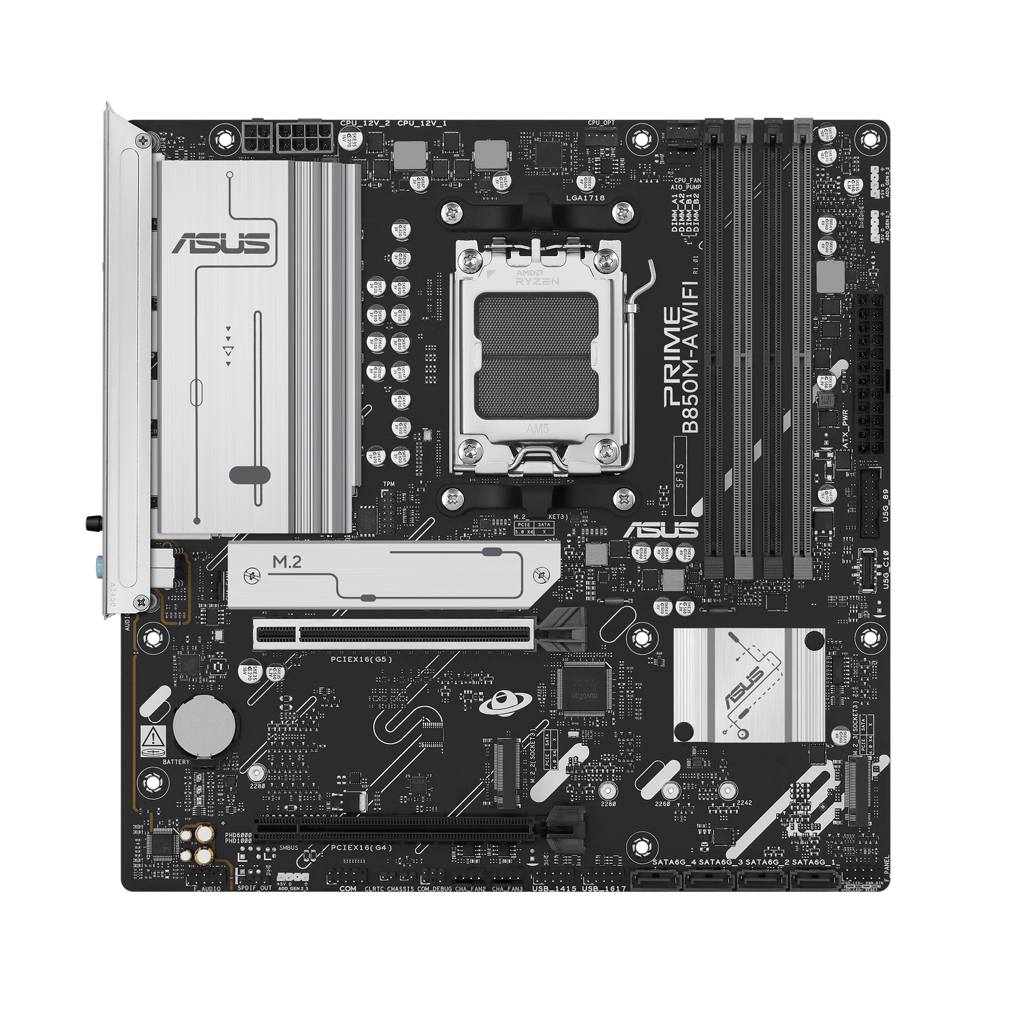 ASUS PRIME B850M-A WIFI, AMD mATX Motherboard, DDR5 Slot, PCIe 5.0 Ready, 3 M.2 Slots, Wi-Fi 6E, 2.5GB Realtek Ethernet, DisplayPort, HDMI, USB-C Front 5Gbps, BIOS FlashBack, Aura Sync