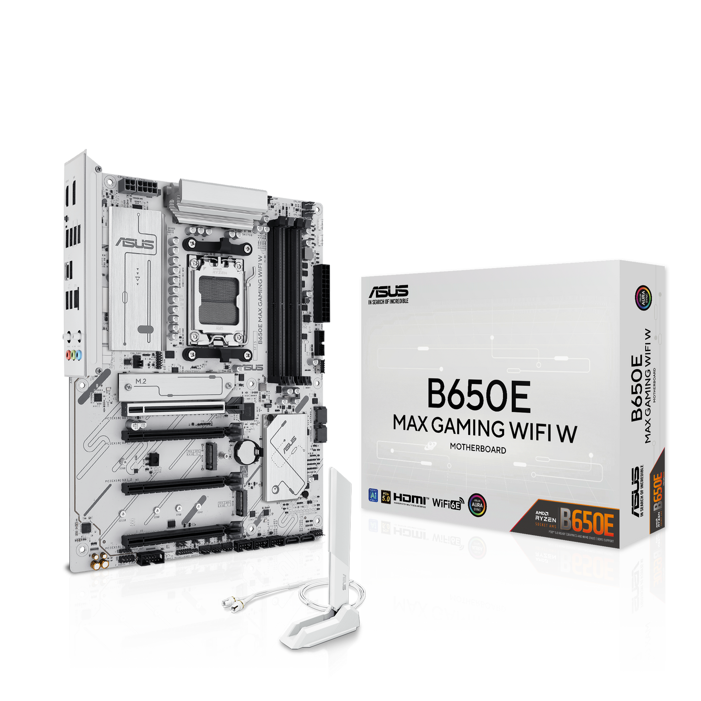 ASUS B650E MAX Gaming WiFi W – AMD B650 AM5 ATX Motherboard, White PCB, DDR5, PCIe 5.0, 3X M.2, Wi-Fi 6E, 2.5Gb LAN, USB 10Gbps Type-C, DisplayPort, HDMI™, BIOS Flashback™, Aura Sync, Advanced AI PC