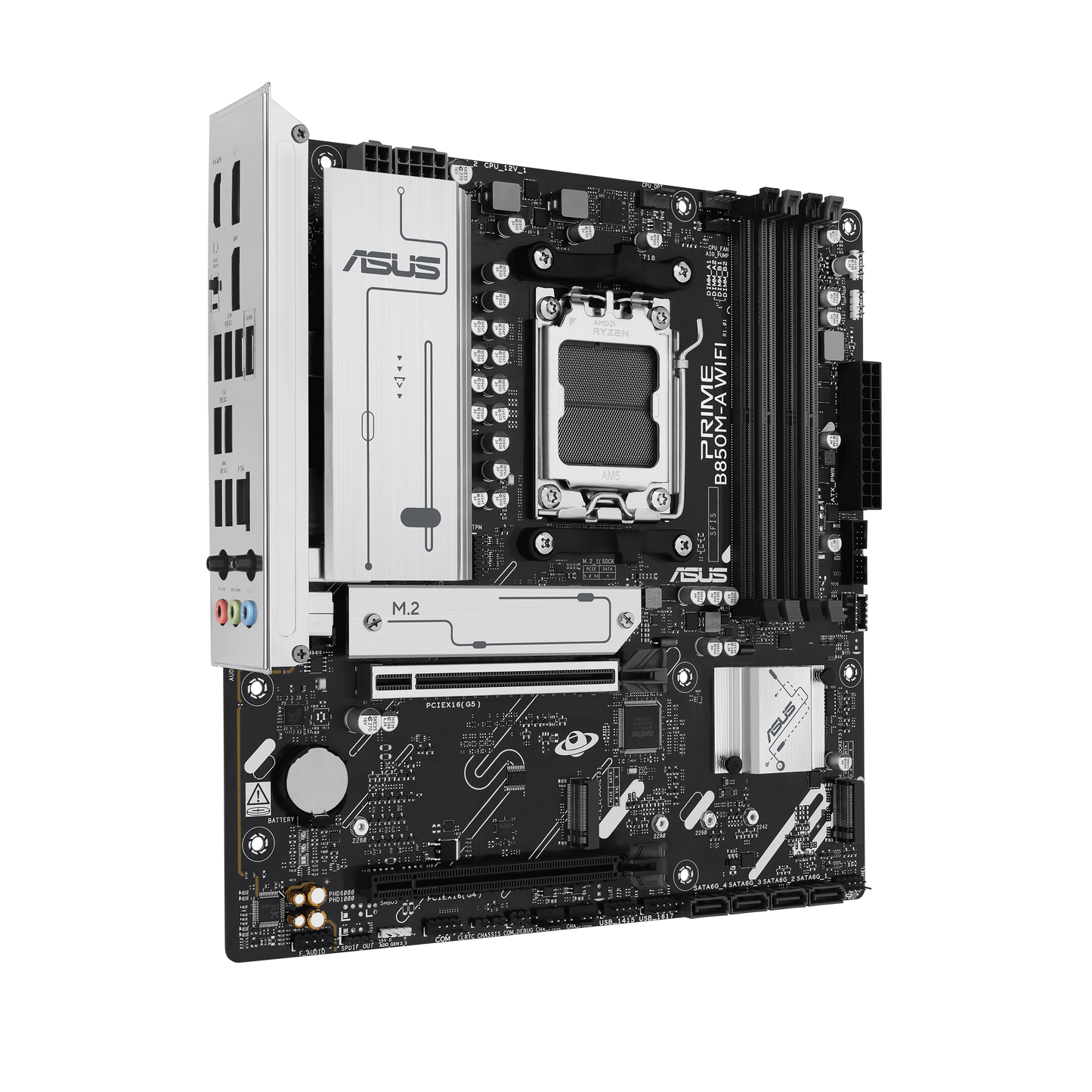 ASUS PRIME B850M-A WIFI, AMD mATX Motherboard, DDR5 Slot, PCIe 5.0 Ready, 3 M.2 Slots, Wi-Fi 6E, 2.5GB Realtek Ethernet, DisplayPort, HDMI, USB-C Front 5Gbps, BIOS FlashBack, Aura Sync