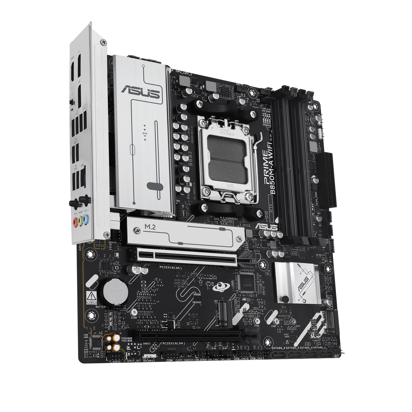 ASUS PRIME B850M-A WIFI, AMD mATX Motherboard, DDR5 Slot, PCIe 5.0 Ready, 3 M.2 Slots, Wi-Fi 6E, 2.5GB Realtek Ethernet, DisplayPort, HDMI, USB-C Front 5Gbps, BIOS FlashBack, Aura Sync