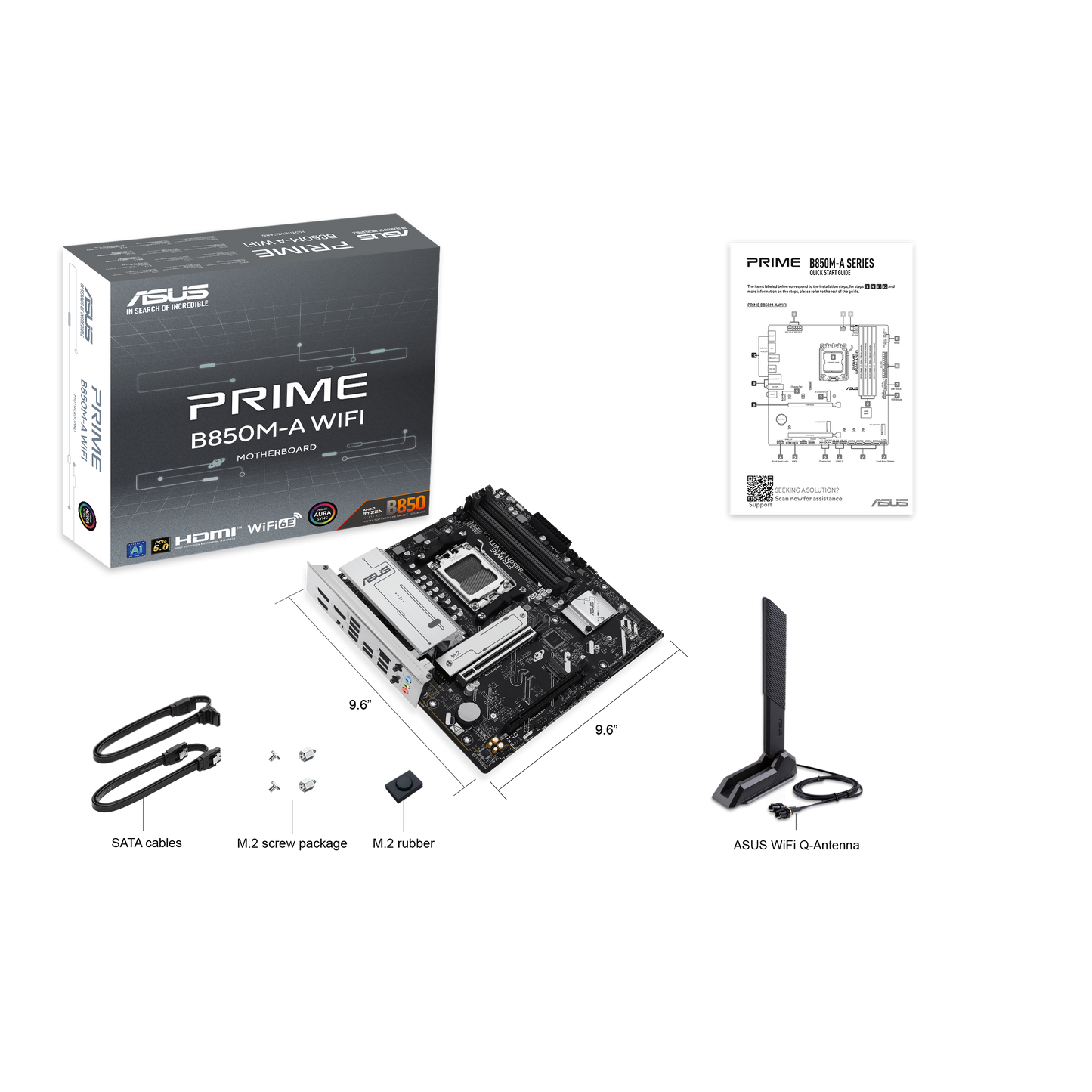 ASUS PRIME B850M-A WIFI, AMD mATX Motherboard, DDR5 Slot, PCIe 5.0 Ready, 3 M.2 Slots, Wi-Fi 6E, 2.5GB Realtek Ethernet, DisplayPort, HDMI, USB-C Front 5Gbps, BIOS FlashBack, Aura Sync