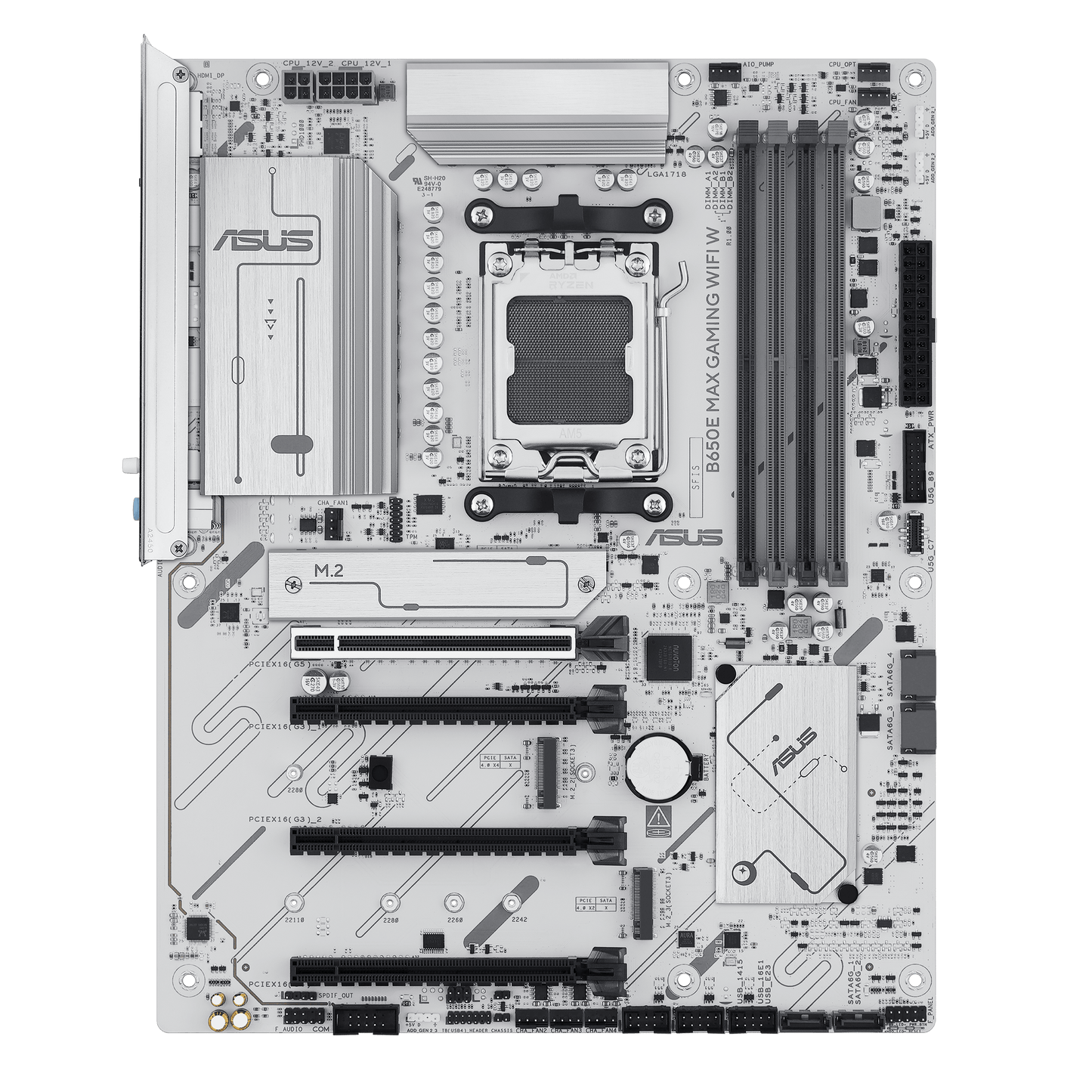 ASUS B650E MAX Gaming WiFi W – AMD B650 AM5 ATX Motherboard, White PCB, DDR5, PCIe 5.0, 3X M.2, Wi-Fi 6E, 2.5Gb LAN, USB 10Gbps Type-C, DisplayPort, HDMI™, BIOS Flashback™, Aura Sync, Advanced AI PC
