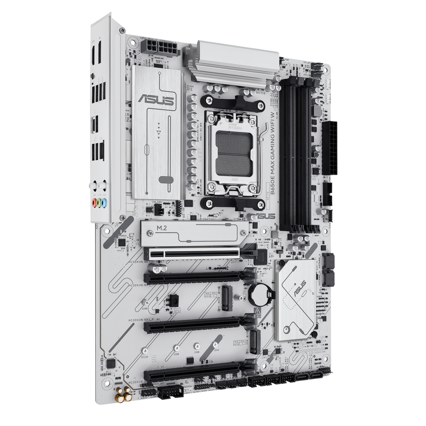 ASUS B650E MAX Gaming WiFi W – AMD B650 AM5 ATX Motherboard, White PCB, DDR5, PCIe 5.0, 3X M.2, Wi-Fi 6E, 2.5Gb LAN, USB 10Gbps Type-C, DisplayPort, HDMI™, BIOS Flashback™, Aura Sync, Advanced AI PC