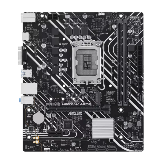 ASUS PRIME H610M-K ARGB Intel H610,LGA 1700, DDR5, PCIe 4.0, M.2 Slot, Realtek 1Gb Ethernet, HDMI, VGA, USB 3.2 Gen 1, SATA 6Gbps, Addressable Gen 2 Header, Aura Sync