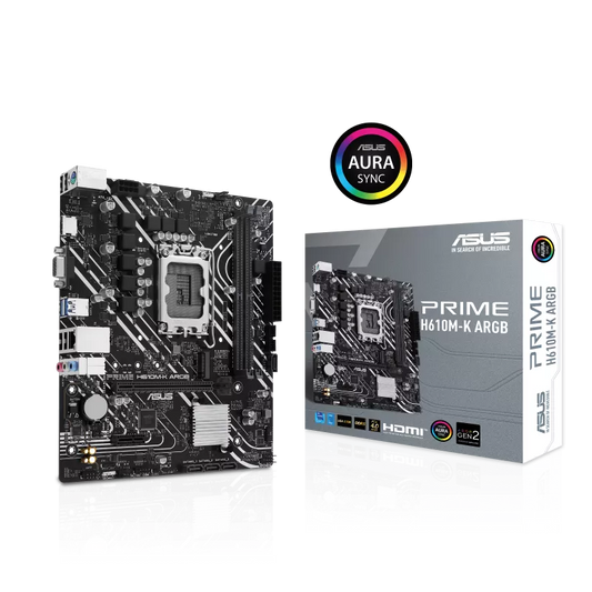 ASUS PRIME H610M-K ARGB Intel H610,LGA 1700, DDR5, PCIe 4.0, M.2 Slot, Realtek 1Gb Ethernet, HDMI, VGA, USB 3.2 Gen 1, SATA 6Gbps, Addressable Gen 2 Header, Aura Sync