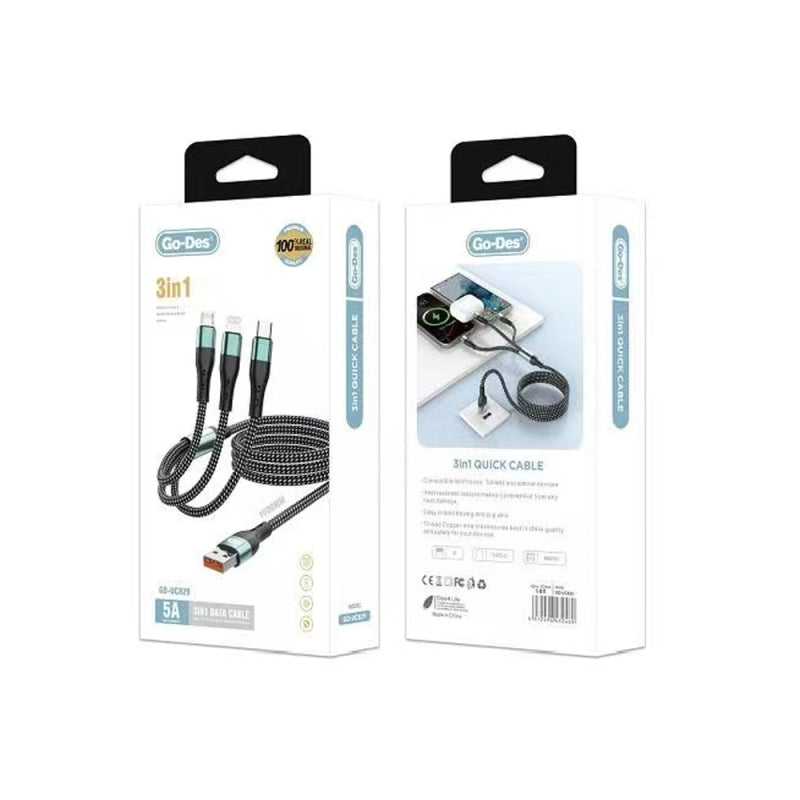 GO DES USB-A to 3-in-1 Data Cable GD-UC829 – Fast Charging & Multi-Device Convenience,