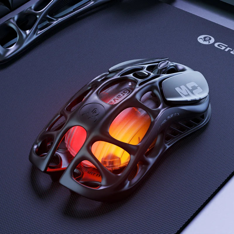 GravaStar Mercury M2 Wireless Gaming Mouse with 26,000 DPI, PAW3395DM Sensor -79g Lightweight Hollowed-Out Design -5 Programmable Buttons -5 Dynamic Lightsync RGB - Transparent Black