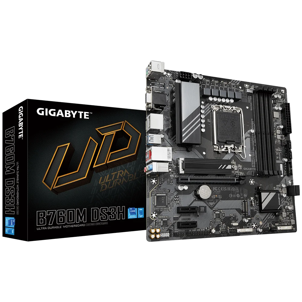 Gigabyte B760M DS3H Intel B760 Chipset Micro ATX DDR5 Motherboard, LGA1700, 4xDIMMs, 2xPCIe 4.0 x4 M.2, 2.5GbE Fast Networks, Smart Fan 6, Q-Flash Plus | B760M DS3H DDR5-GC