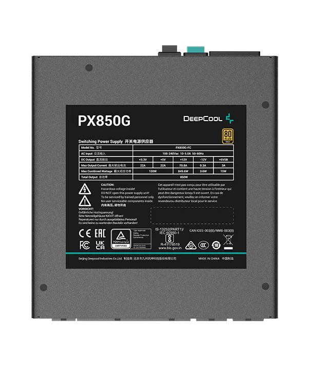 Deepcool PX850G ATX Power Supply, ATX12V V3.0 Type, 850 Watts, 80 Plus Gold, Active PFC + Half Bridge SRC LLC + DC to DC, 135mm Fan Size, FDB Fan Bearing, Black | R-PX850G-FC0B-UK-GC