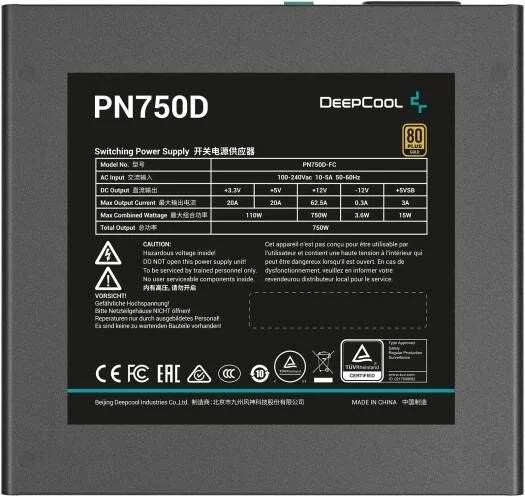 DeepCool PN750D Non-Modular Power Supply, 750W Power, 80 Plus Gold Certified, 120mm Fan Size, Active PFC + Full Bridge SRC LLC + DC to DC, Hydro Bearing, Black.