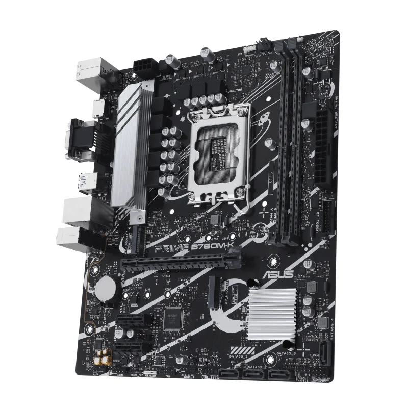 Asus Prime B760M-K,Intel® B760 LGA 1700 mATX motherboard with PCIe 4.0, two PCIe 4.0 M.2 slots, DDR5, Realtek 2.5Gb Ethernet, VGA, HDMI™, SATA 6 Gbps, front USB 3.2 Gen 1, Aura Sync-GC