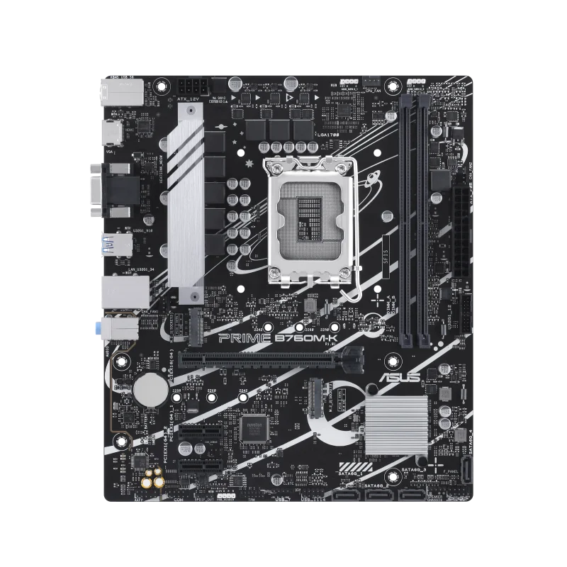 Asus Prime B760M-K,Intel® B760 LGA 1700 mATX motherboard with PCIe 4.0, two PCIe 4.0 M.2 slots, DDR5, Realtek 2.5Gb Ethernet, VGA, HDMI™, SATA 6 Gbps, front USB 3.2 Gen 1, Aura Sync-GC